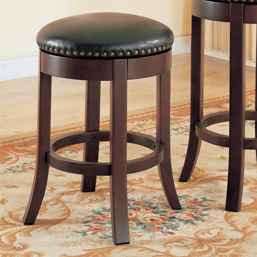 Round Wooden Counter Height Stool with Upholstered Seat, Brown, Set of 2