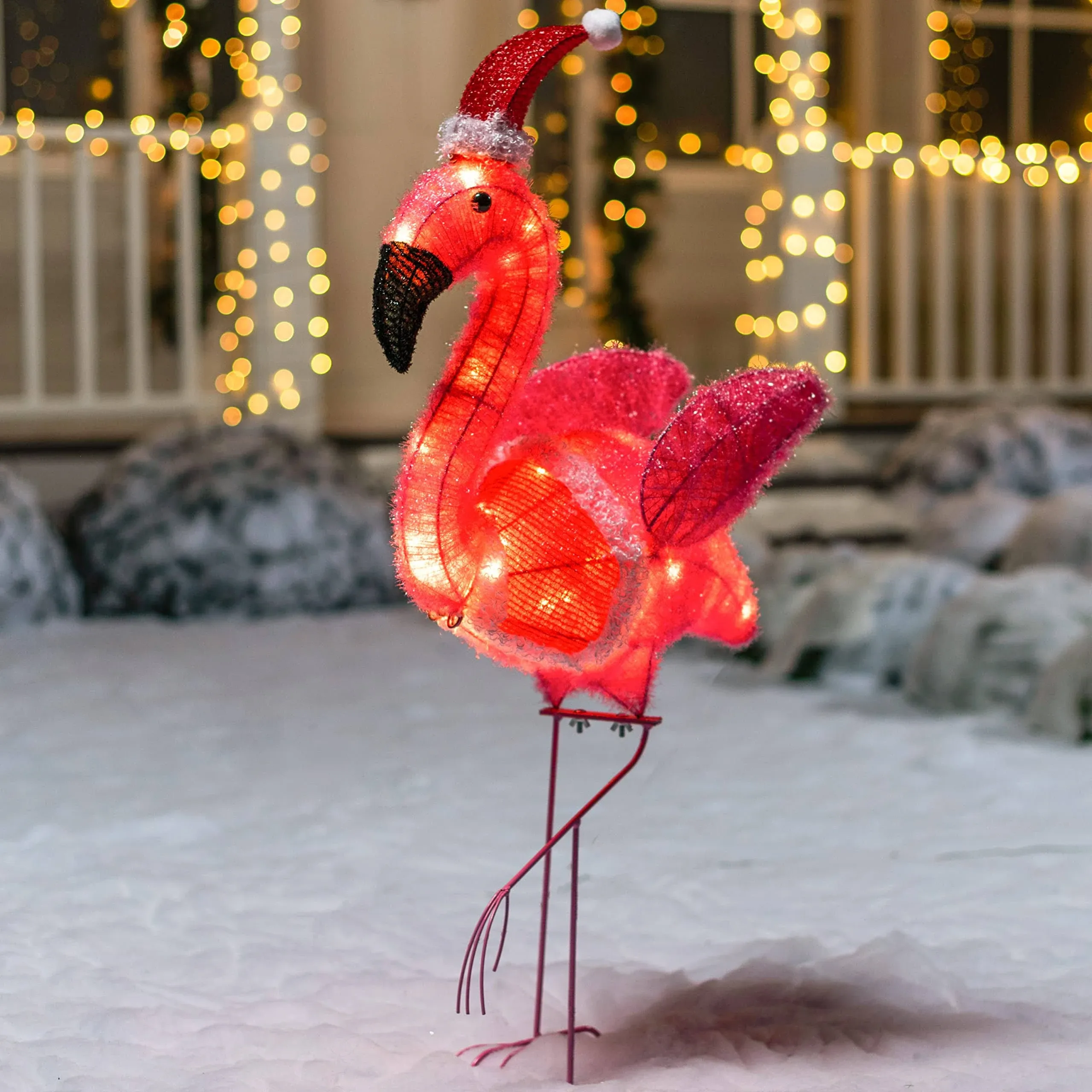 Joiedomi 3ft Tinsel Flamingo with Christmas Hat 30 LED Warm White Yard Light for Christmas Event Decoration, Christmas Outdoor Yard Garden Decorations, Christmas Eve Night Decor