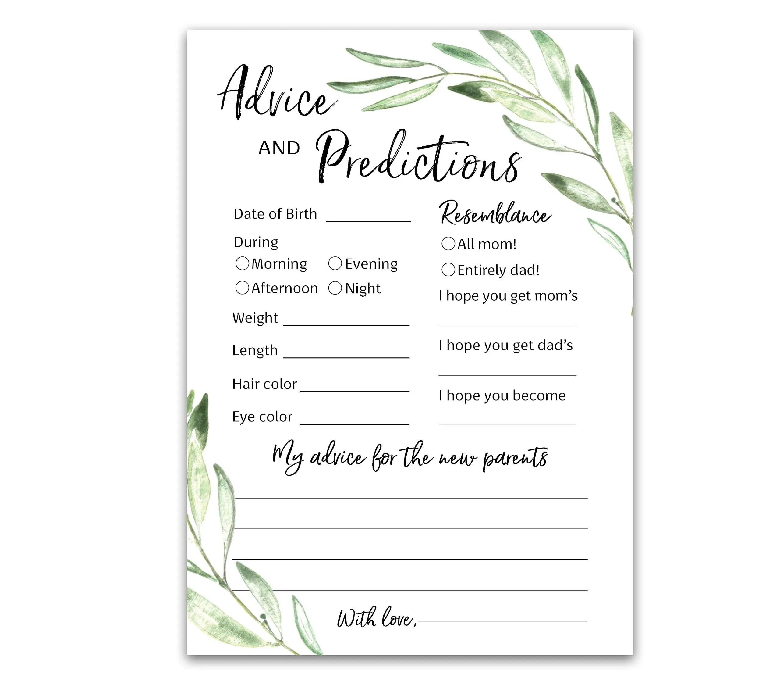 PRINTED GREENERY Prediction and Advice Cards - Set of 25 - Gender Neutral - Baby Shower Games, Parents Mommy Daddy Message G320-PDAV