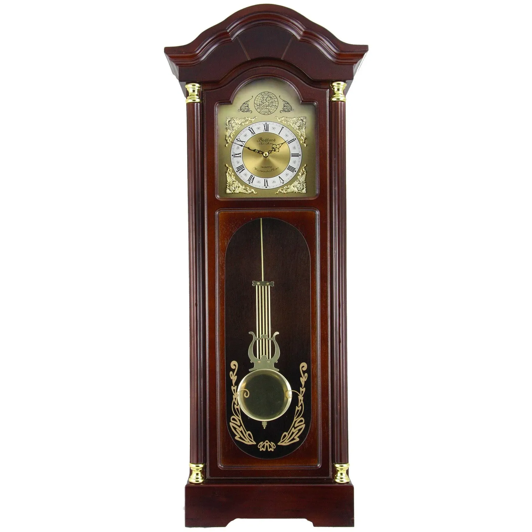 Bedford Clock Collection Antique Cherry Oak Finish Chiming Wall Clock with Roman Numerals