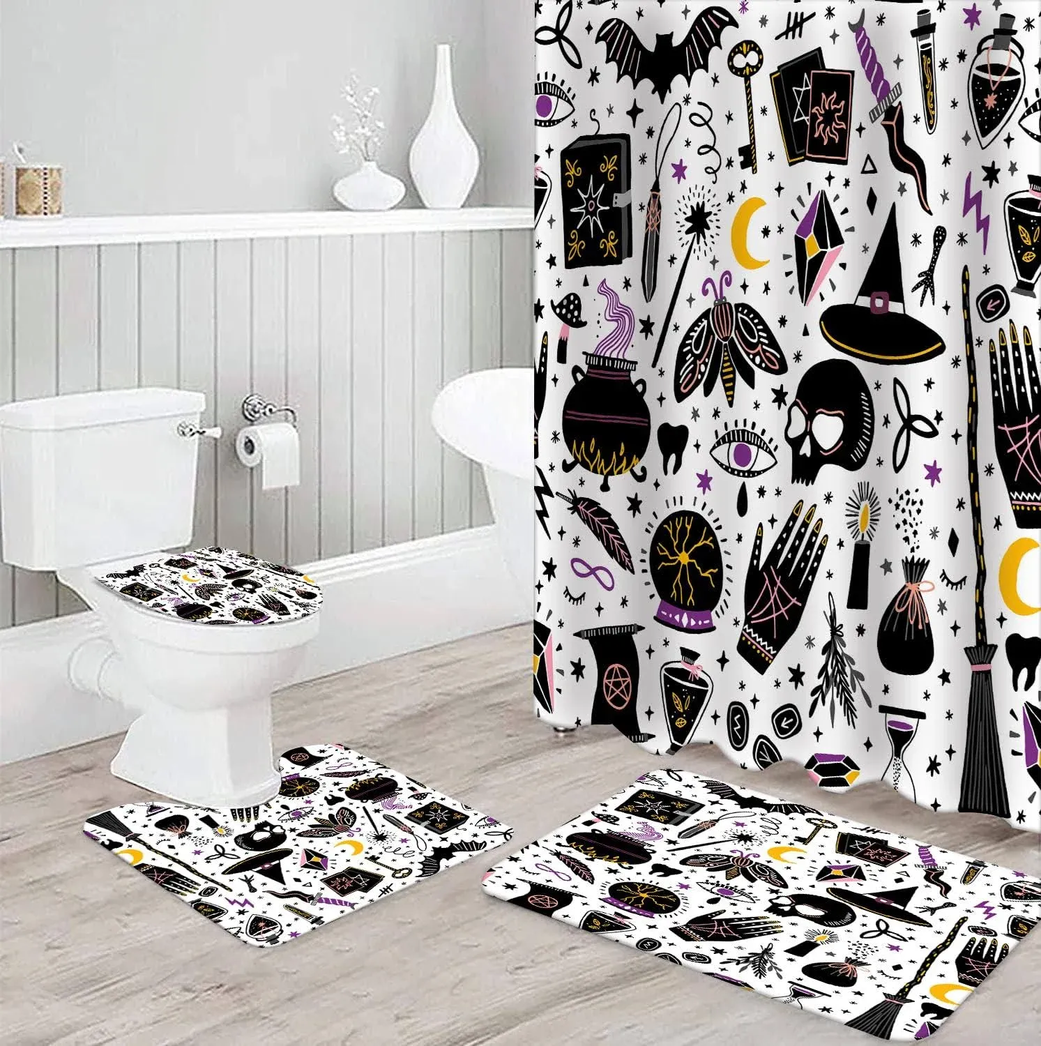 4Pcs Halloween Shower Curtain SetShower CurtainNon-Sli<wbr/>p Bathroom RugsToilet C...