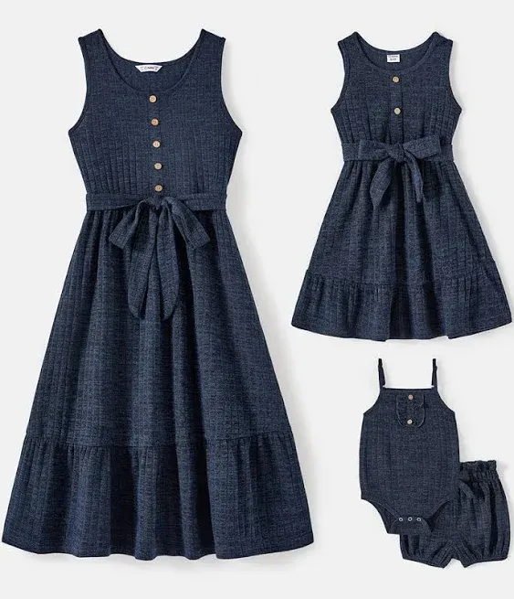 Patpat Mommy and Me Dark Blue Button Front Sleeveless Belted Dresses