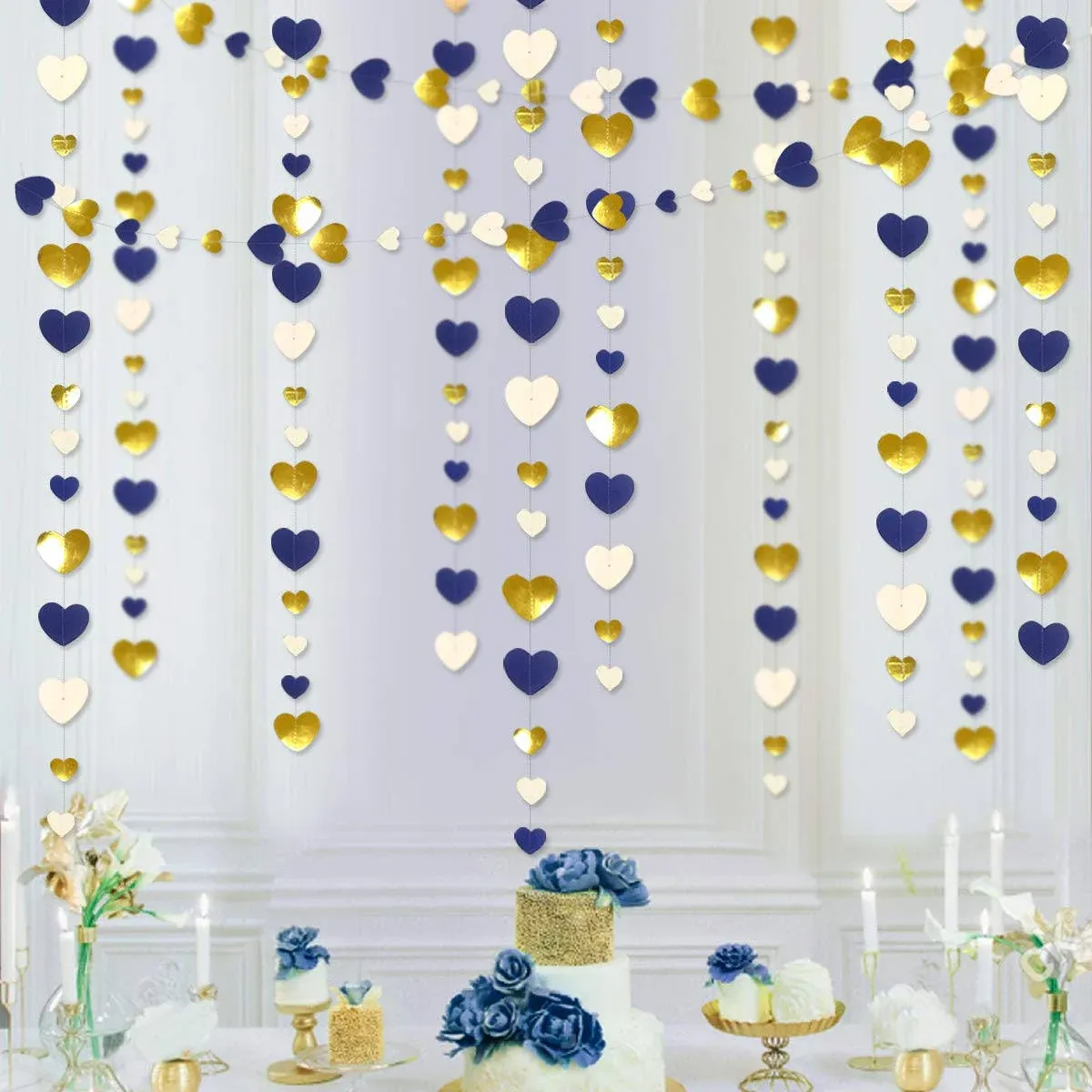 52ft Navy Blue Gold Love Heart Garland Royal Blue Gold Hanging Streamer Banner for Anniversary Mother's Day Valentines Day Bachelorette Engagement