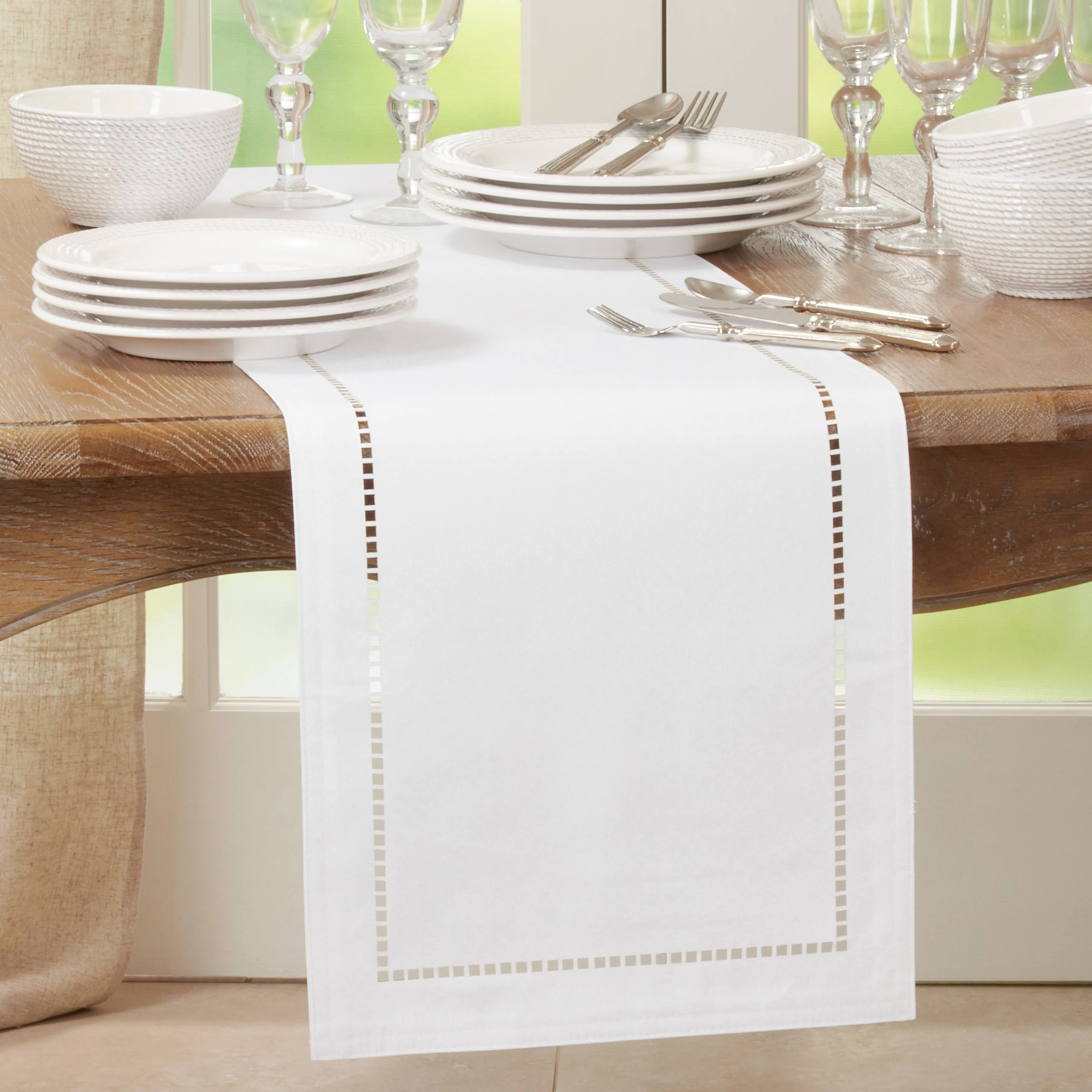 Laser-Cut Hemstitch Table Runner - Saro Lifestyle 9738.W14108B