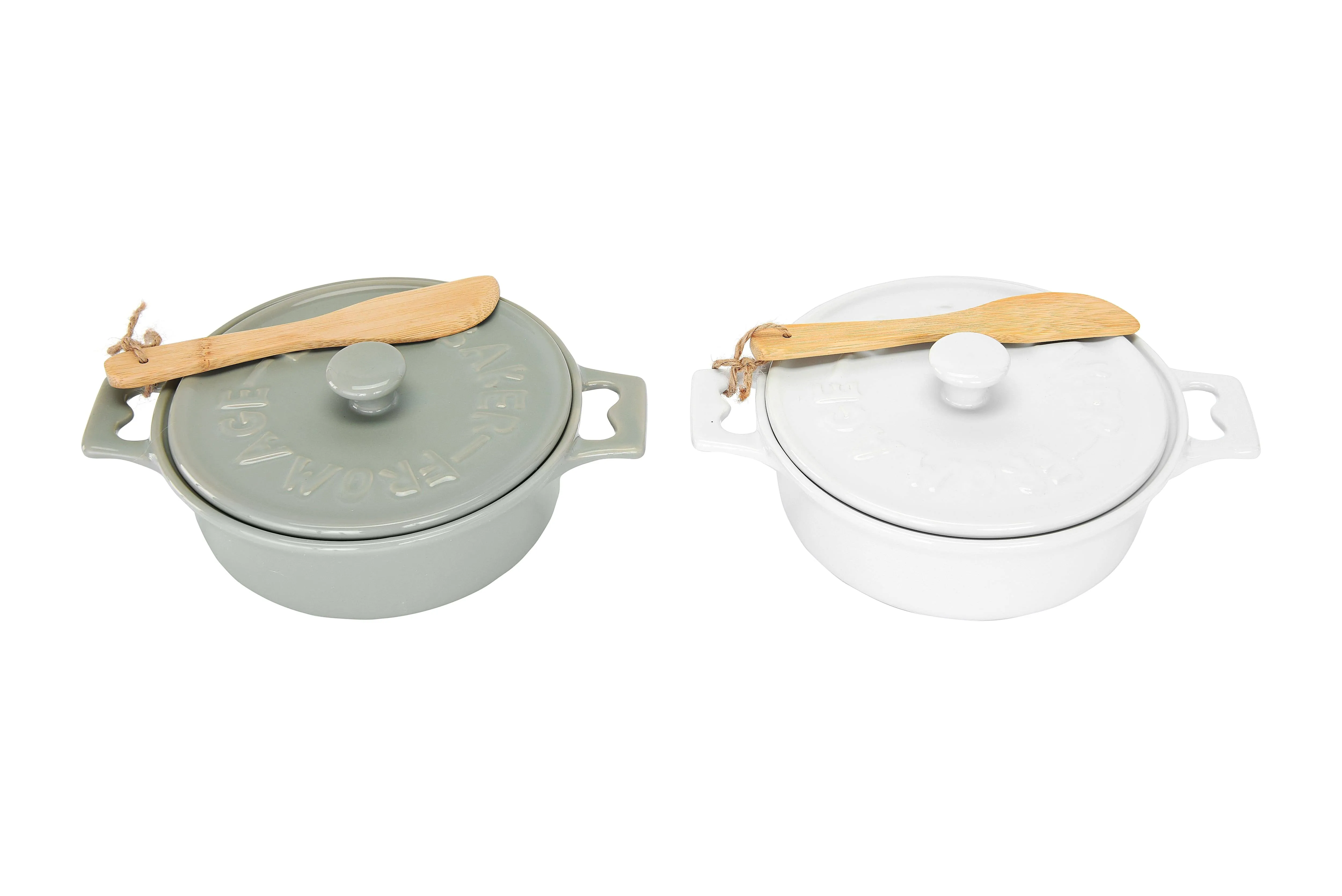 Creative Co-op Stoneware Brie Bakers with Lids & Wood Spreaders, 7" Round, Set of ...