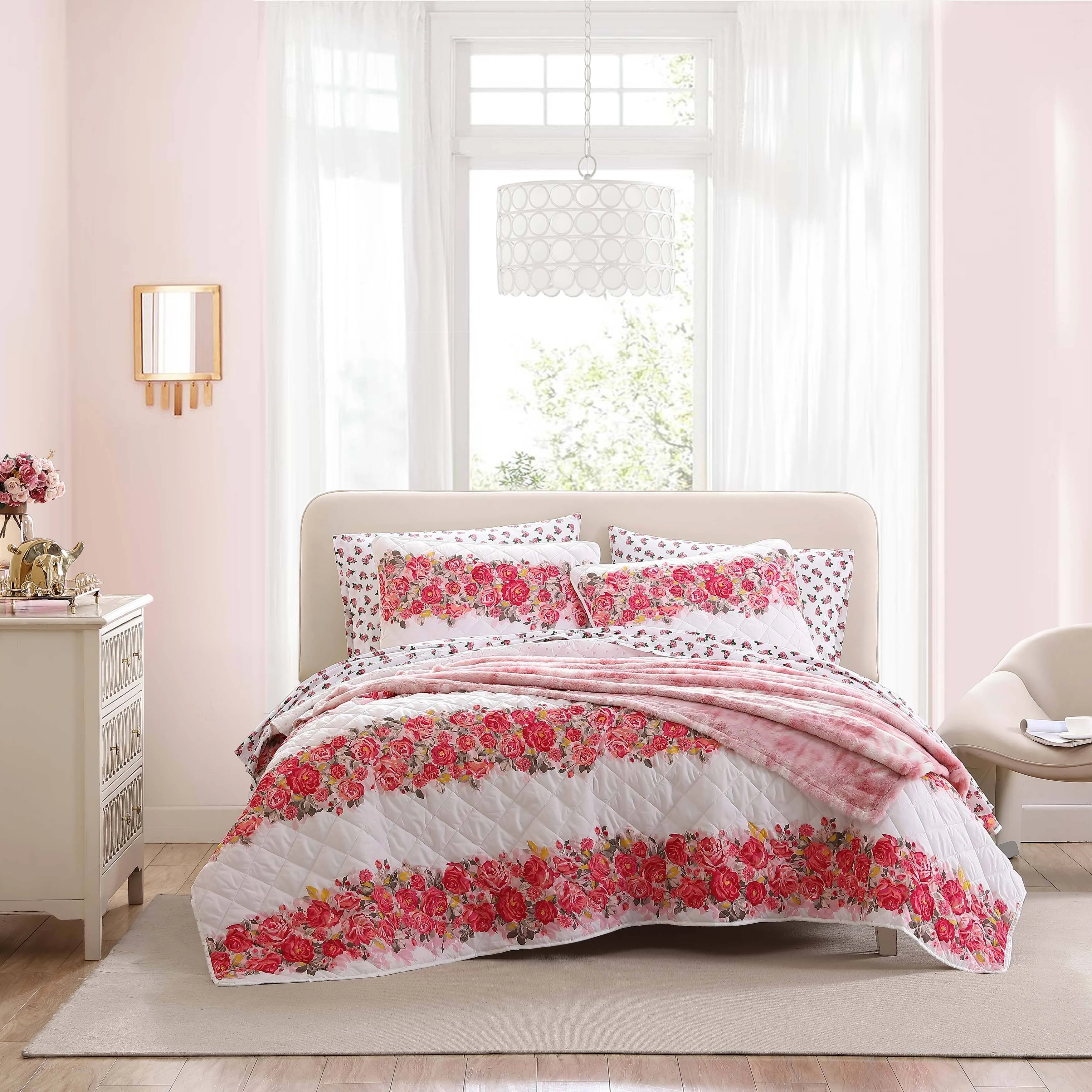 Closeout!  Banded Floral 2 Piece Quilt Set, Twin In Peony Pink