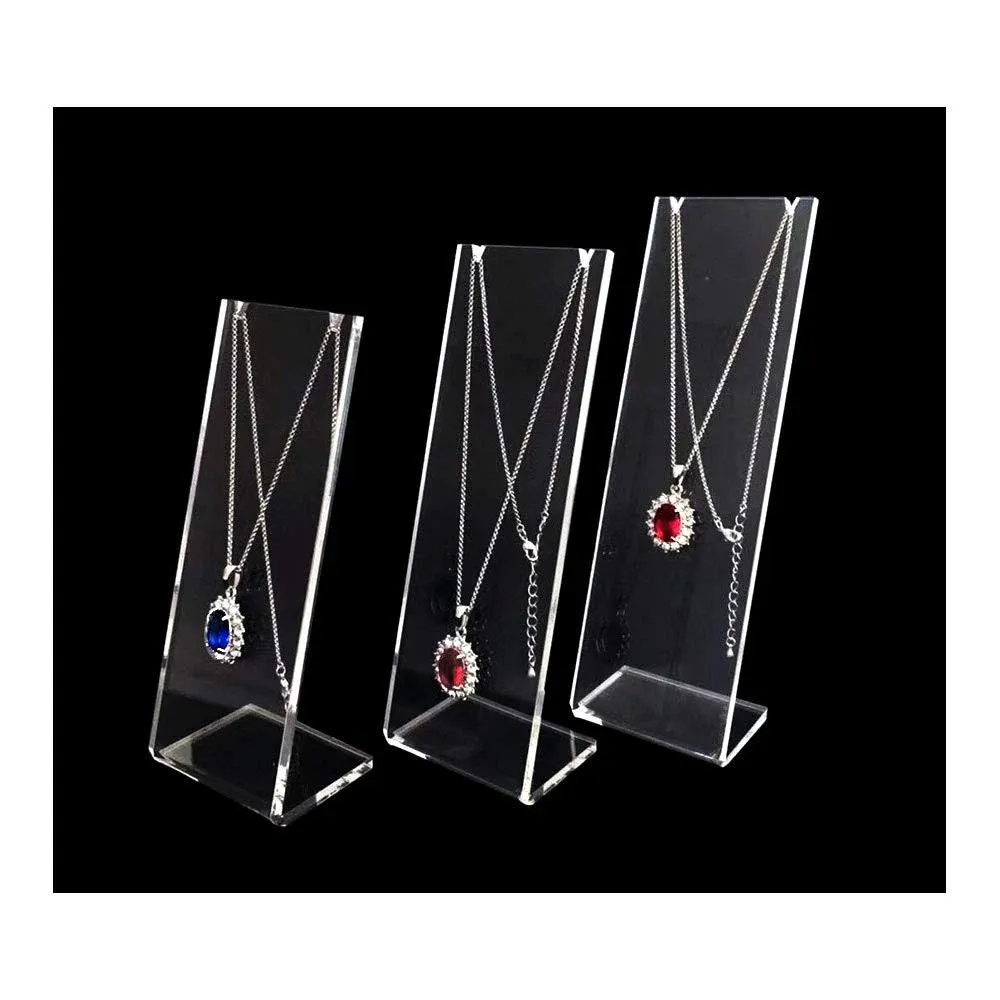 Modern Elegant Clear Acrylic Necklace Display Stands Jewelry Trade Show Store Exhibit Gallery Photo Taking Props Fine Presentation 3-PC Set