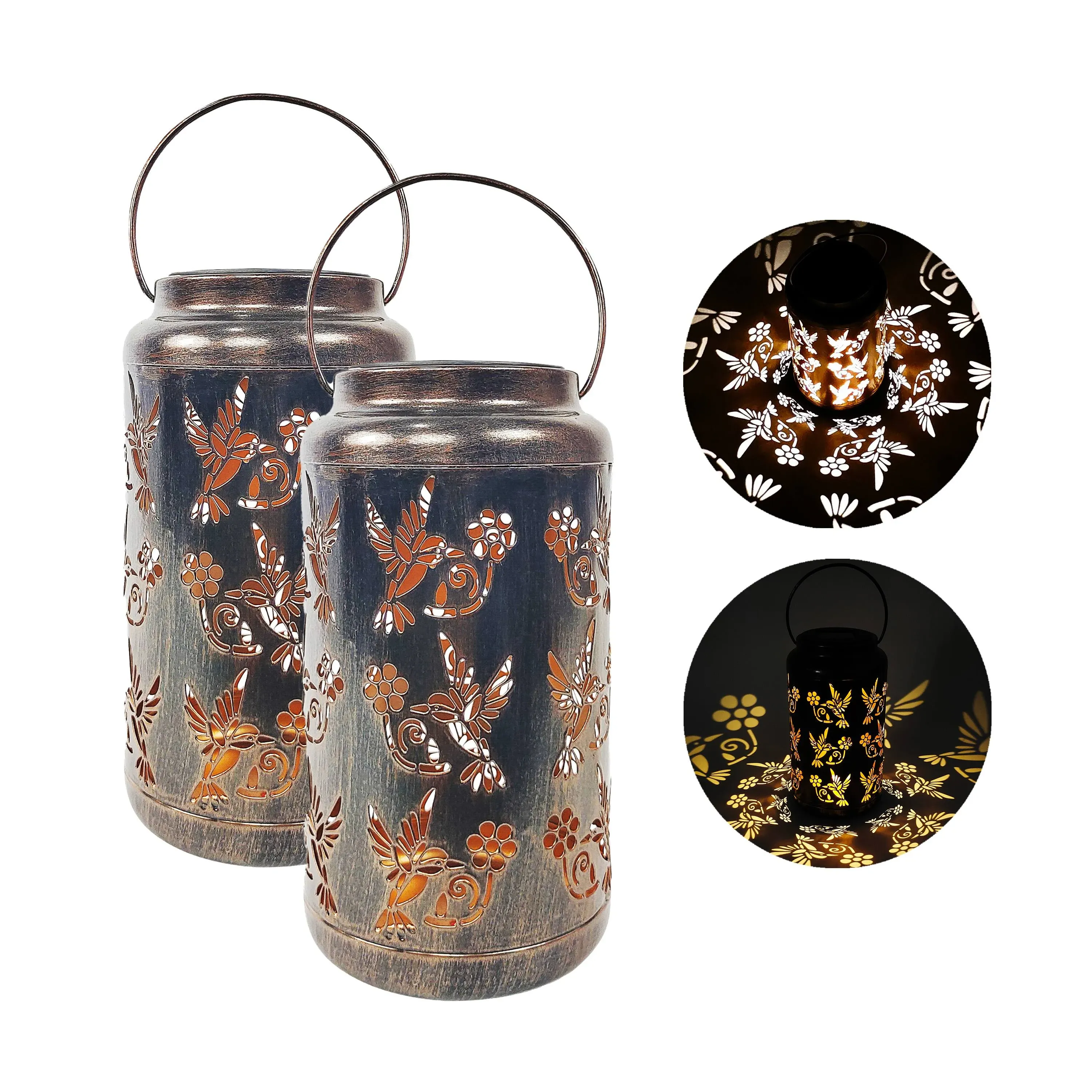 Bliss Outdoors Set of 2 Solar LED Lanterns w Humming Bird Design  Hand Painted Finish