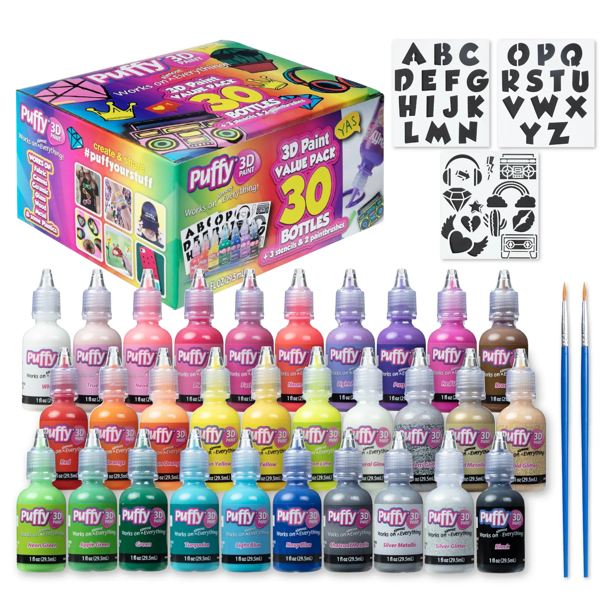 Puffy Bulk Buy Paint 30 pack Premium Quality Nontoxic 3D Paint Set. Safe for Kids, Great for School Projects, Permanent on Fabric, Canvas, Wood, Glass, and More Craft Surfaces