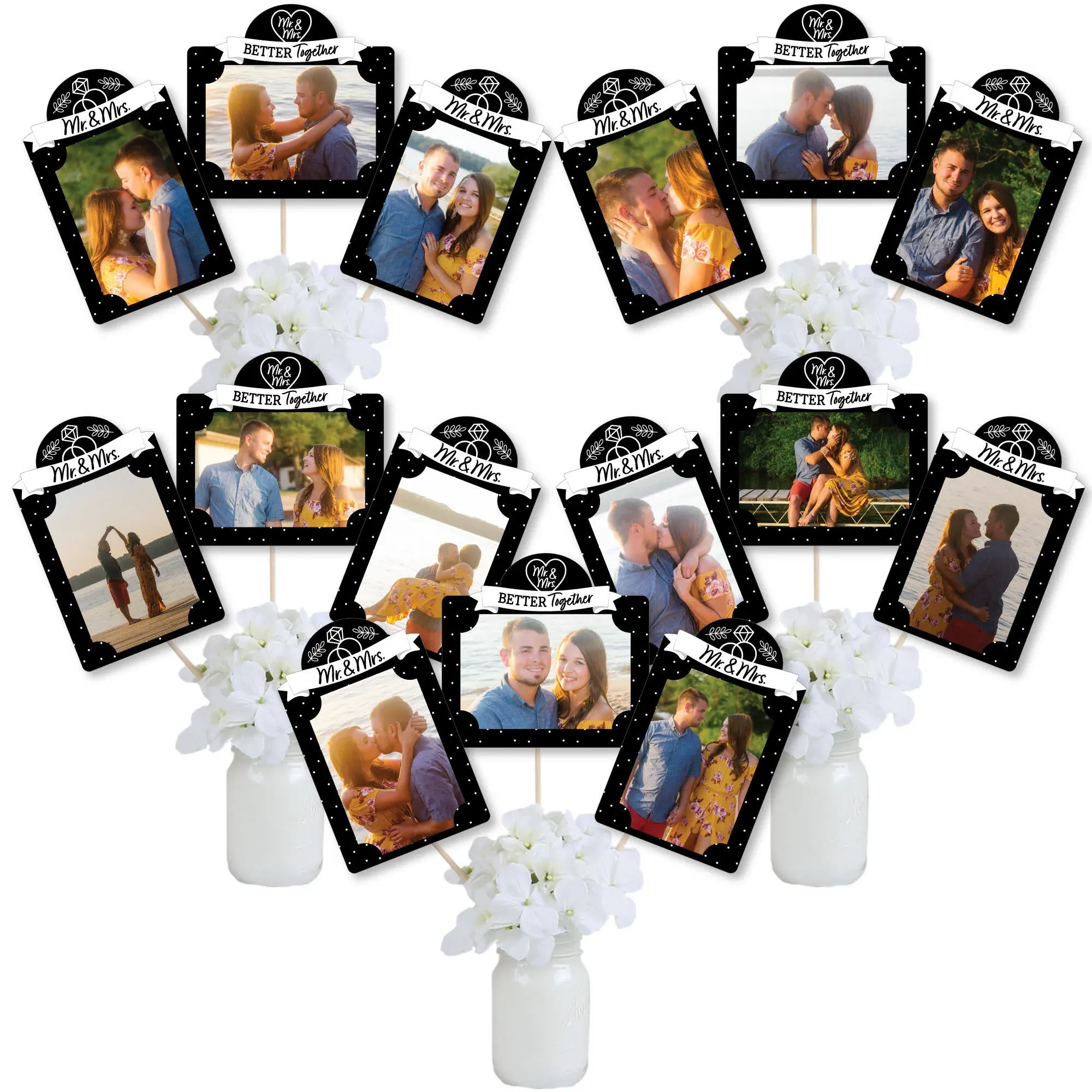 Mr. and Mrs. - Black and White Wedding or Bridal Shower Picture Centerpiece Sticks - Photo Table Toppers - 15 Pieces