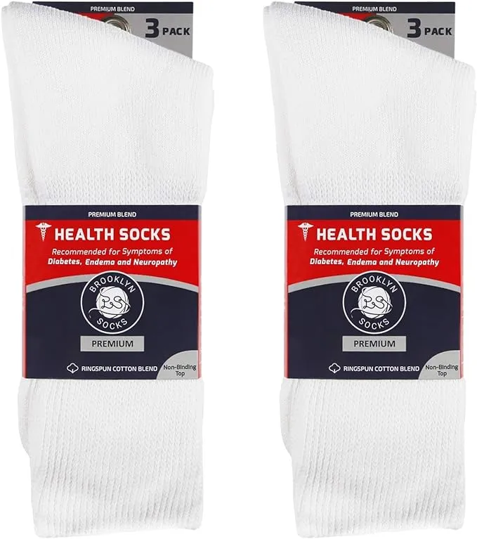 Big and Tall Diabetic Neuropathy Ringspun Cotton Crew Socks, King Size Mens Athletic Socks (13-16, Loose Top - Premium White) - 6 pairs