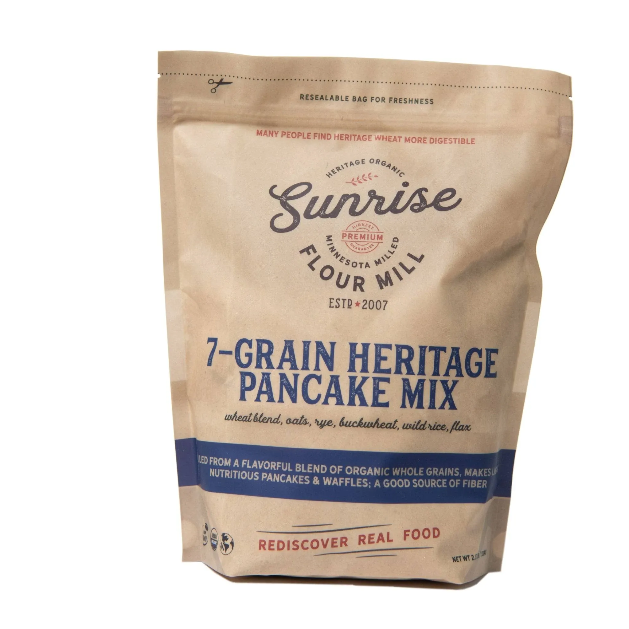 Sunrise Flour Mill USDA Organic 7-Grain Heritage Pancake Mix- 2.5 lbs | Enjoy Fluffy & Tasty Waffles | Easier to Digest with Less Bloating | Zero Additives