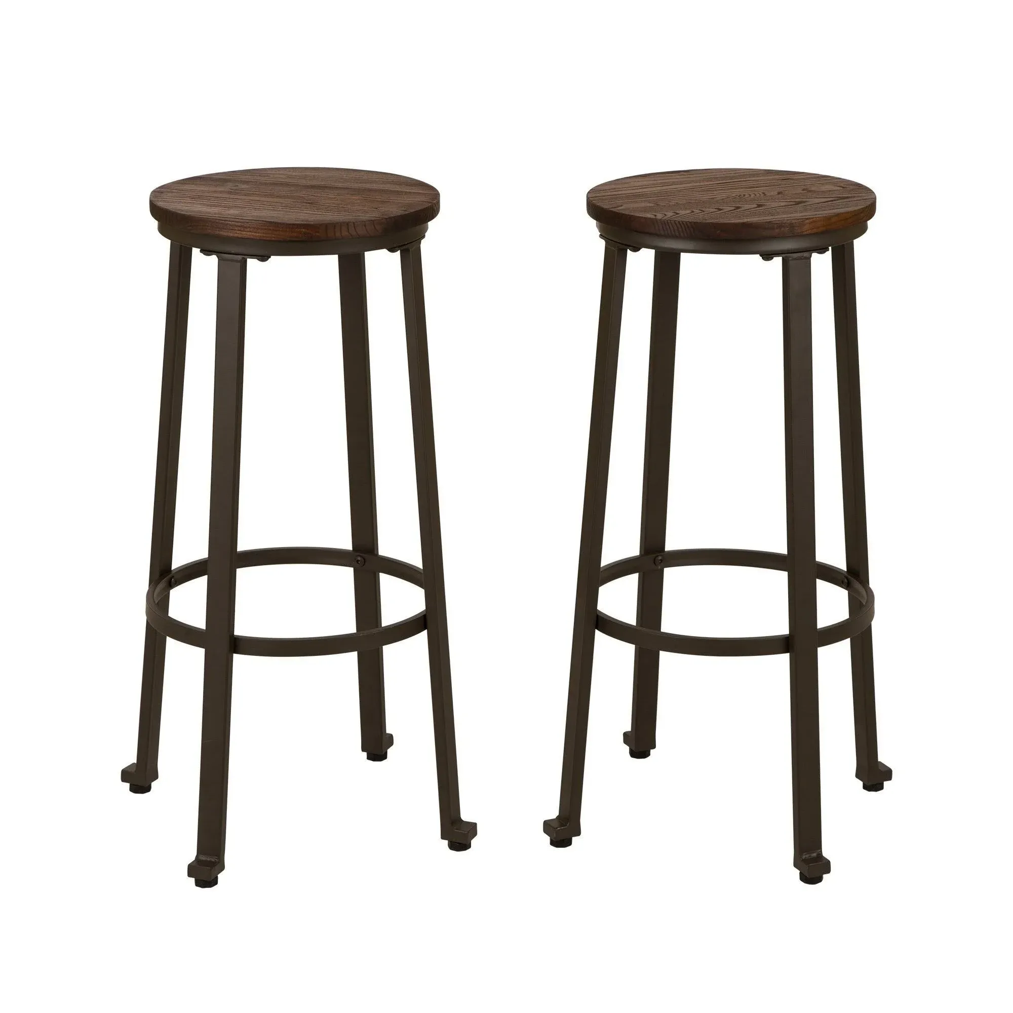 glitzhome Rustic Steel Bar Stool Round Wood Top Dining Room Pub Height Chairs Set of 2