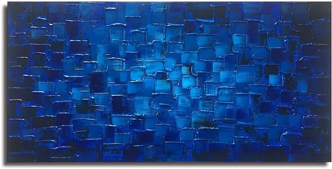 Large Abstract Dark Blue Square Wall Art Hand Painted 60 x 30 in, 