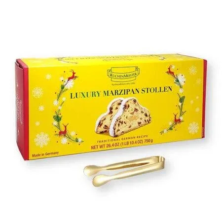 Kuchenmeister Christmas Luxury Marzipan Stollen 26.4 Oz.(750 g) with Gold Tongs