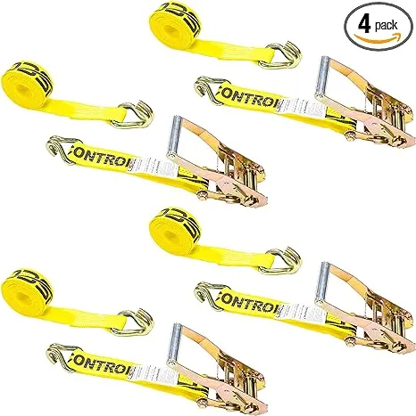 US Cargo Control Ratchet Strap Heavy Duty (4-Pack), 2 Inch x 12 Foot Yellow Ratchet Strap with Double J Hooks, 10,000 lbs. Break Strength, Tie-Down Ratcheting Straps for Trucks and Trailers