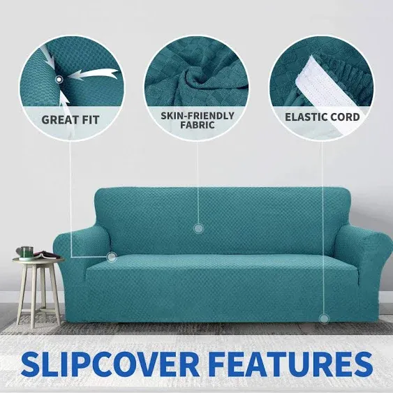 ZNSAYOTX 1 Piece Jacquard Couch Covers for 2 Cushion Couch High Stretch Loveseat Slipcover for Pets Dogs Anti Slip Love Seat Sofa Slipcover Furniture Protector (Loveseat, Peacock Blue)