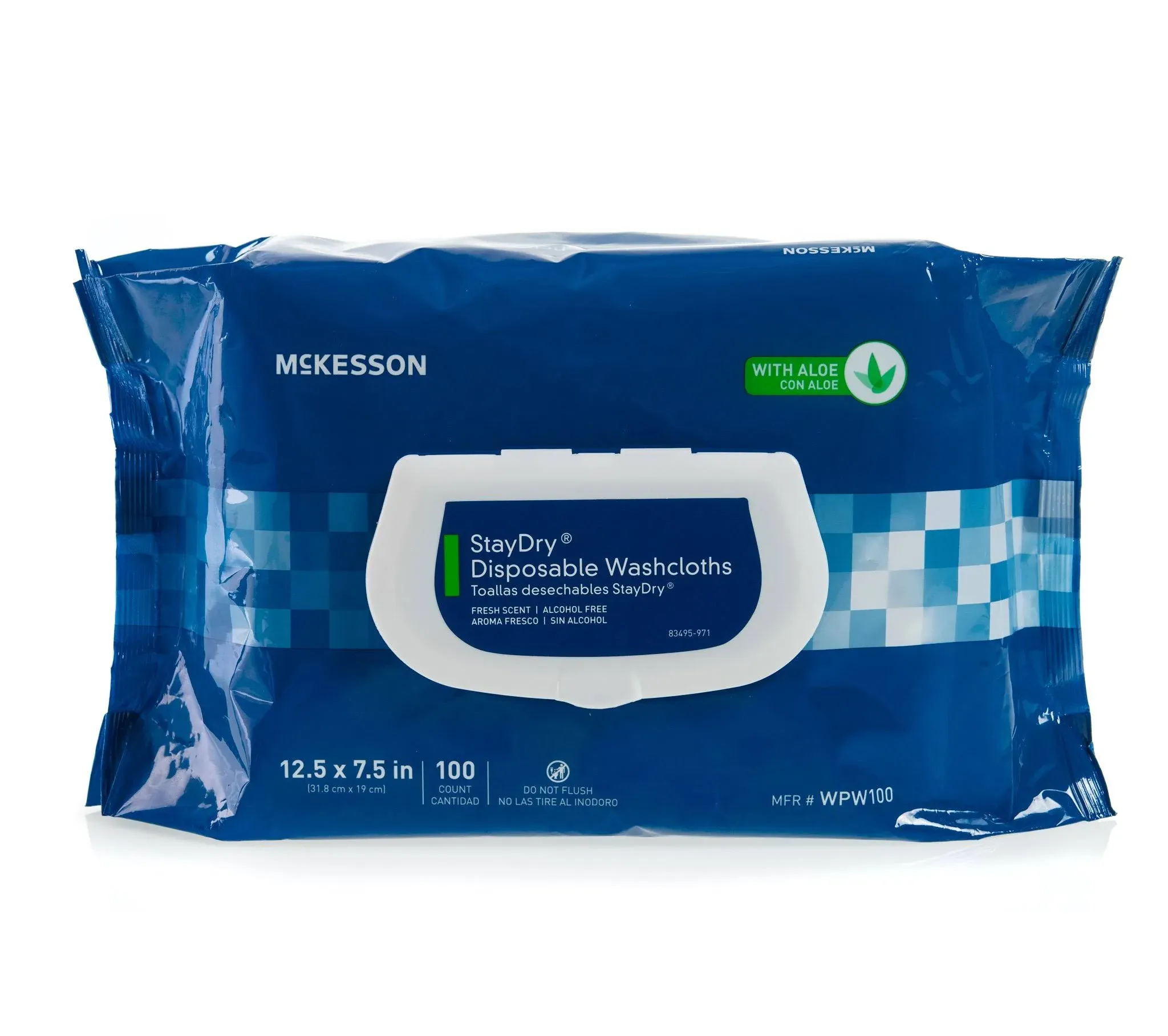 McKesson StayDry Disposable Wipes or Washcloths for Adults with Aloe, Incontinence, Alcohol-Free, Not-Flushable, 50 Wipes, 12 Packs, 600 Total