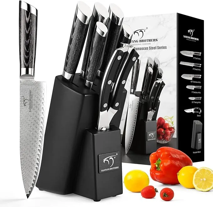 NANFANG BROTHERS Knife Set, 7-Piece Damascus Kitchen Knife Set with Block, ABS Ergonomic Handle for Chef Knife Set, Kitchen Shears, Knife Block Set