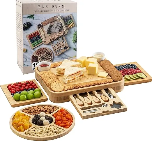 Rae Dunn Bamboo Charcuterie Board w/Accessories - Large Multi Piece Set