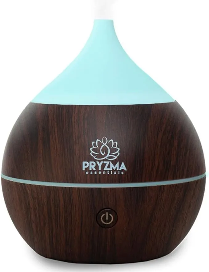 Pryzma Essentials All in One Bluetooth Speaker Aromatherapy Smart Essential Oil Diffuser, 7 LED Therapy Night Light, 200ml Cool Mist Ultrasonic Humidifier, Wood Grain and Waterless Auto Shut-off