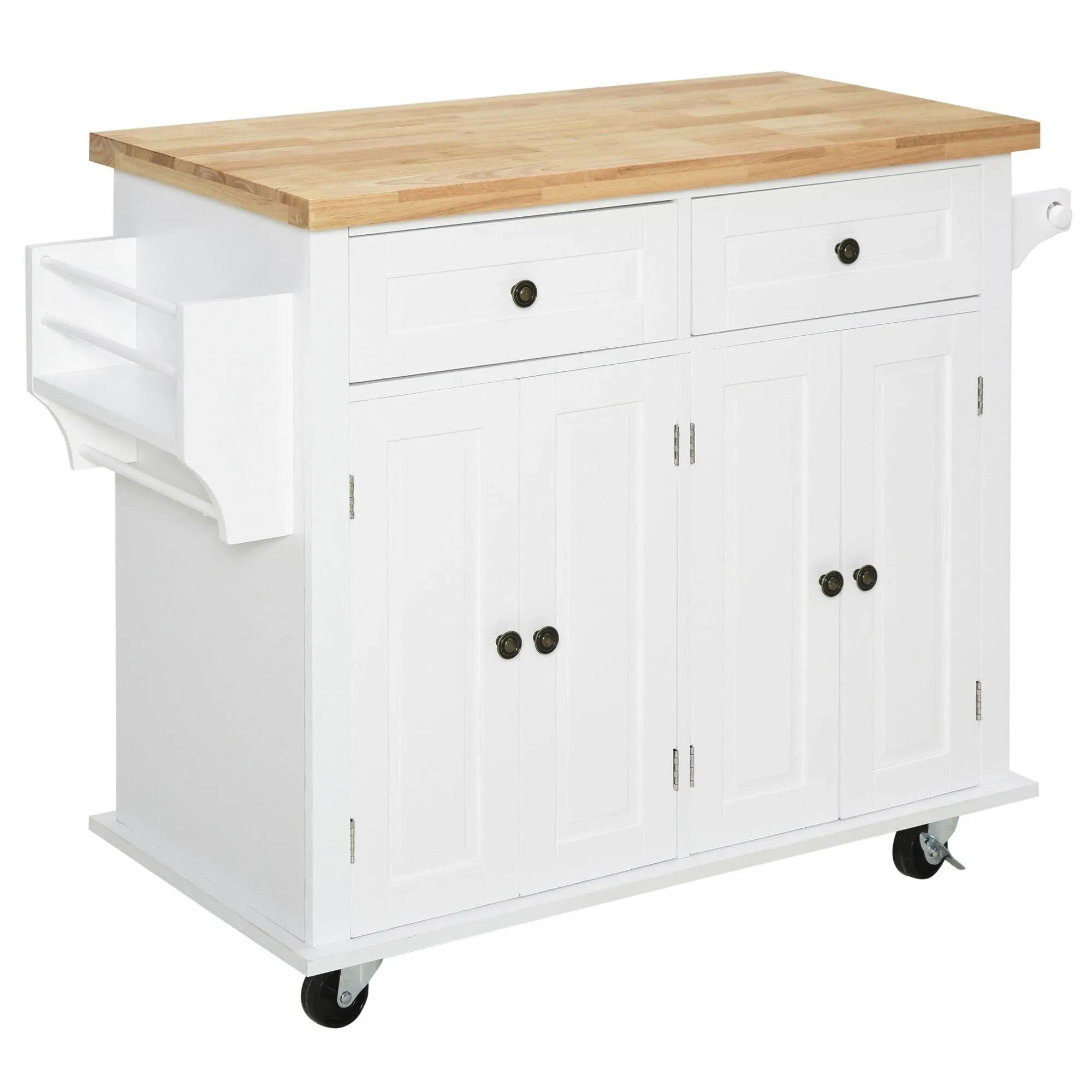 HOMCOM Kitchen Island On Wheels, Rolling Cart with Rubberwood Top, Spice Rack, Towel Rack and Drawers for Dining Room, White