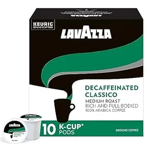 Lavazza Classico Decaf Single-Serve Coffee K-Cups for Keurig Brewer, Medium Roast, 10 Count Box ,Rich and full-bodied flavor delivers a uniquely intense aroma of dried fruits, 100% arabica coffees