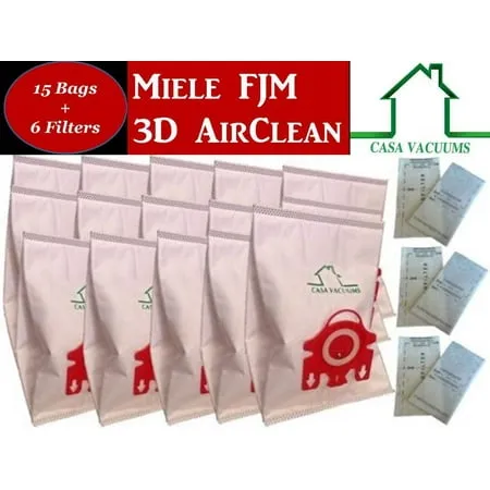 Miele FJM Bags 15 3D Bags + 3 AirClean Filters + 3 Motor Protection Filters By Casa Vacuums