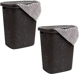 Mind Reader 50L Slim Laundry Hamper, Set of 2, Clothes Basket, Lid, Wicker Design, Plastic, 17.65"L x 13.75"W x 21"H, Brown