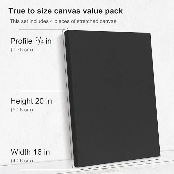 PHOENIX Black Stretched Canvas, 16x20 Inch/4 Pack - 3/4 Inch Profile, 8 Oz Quadruple Gesso Primed 100% Cotton Blank Black Canvases for Acrylic, Oil, Tempera, Metallic, Neon Painting & Crafts