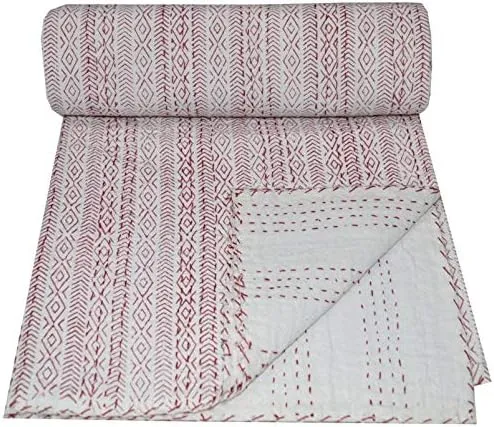 YUVANCRAFTS Indian Hand Block Floral Print Kantha Quilt Handmade Vintage Queen Size Cotton Kantha Throw Blanket Bedspread (Red, Queen Size)