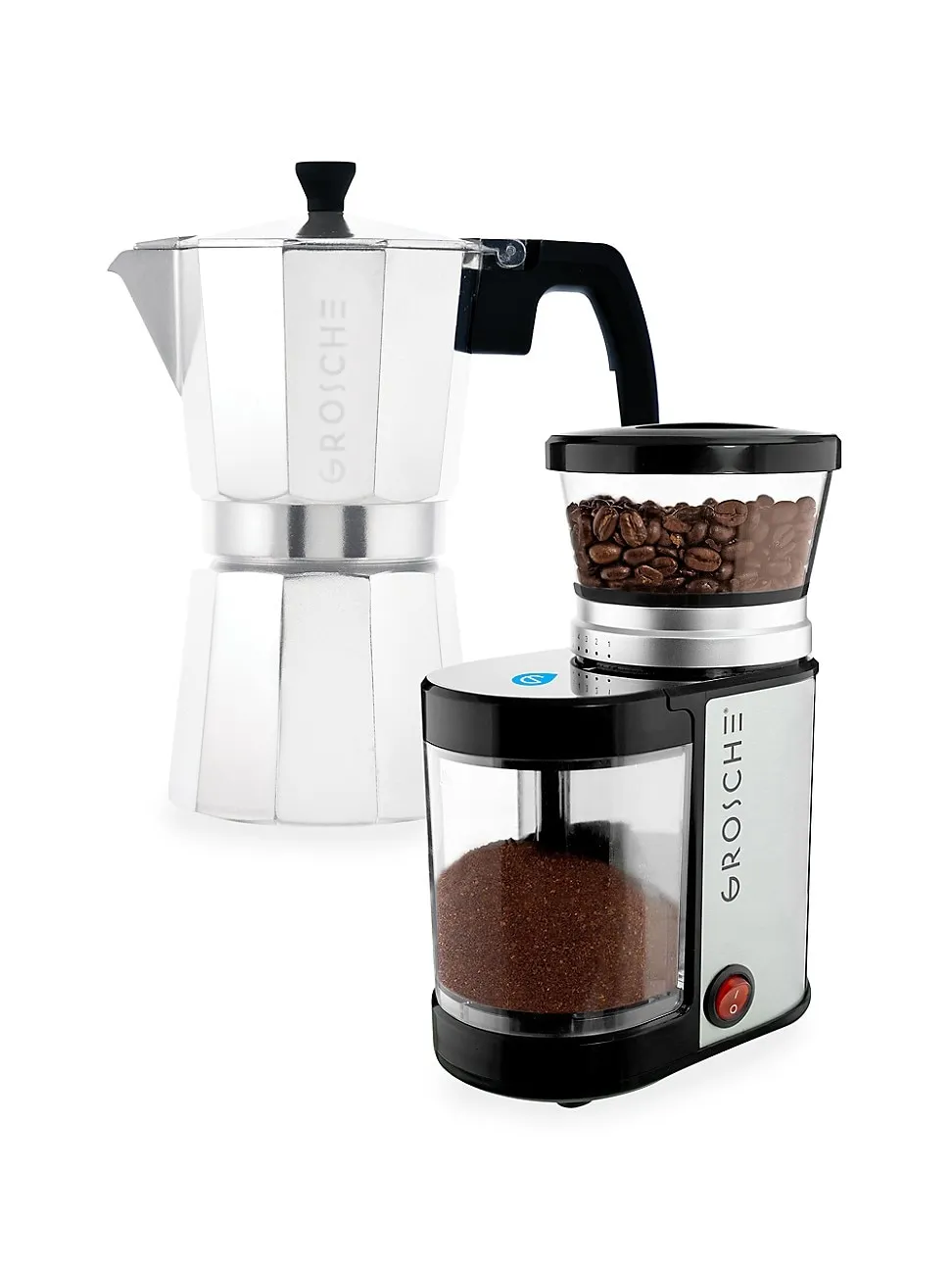 Milano Stovetop Espresso Maker, 9 Cup Moka Pot & Electric Coffee Grinder Bundle - Silver