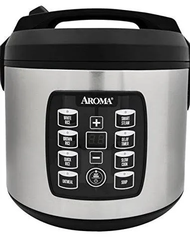 Aroma Housewares ARC-1120SBL SmartCarb Cool-Touch Stainless Steel Rice Multicooker Food Steamer, Slow Cooker with Non-Stick Inner Pot and Steam Tray, 20-Cup(cooked)/ 5Qt, Black