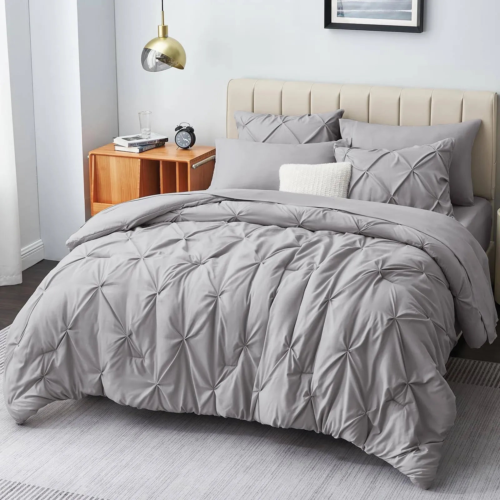 Queen Comforter Set - 7 Pieces Comforters Queen Size Grey, Pintuck Bedding Sets