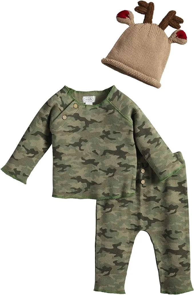 Mud Pie Kids Camo Camouflage 3 Pc Baby Set Waffle Weave Reindeer Knit Hat