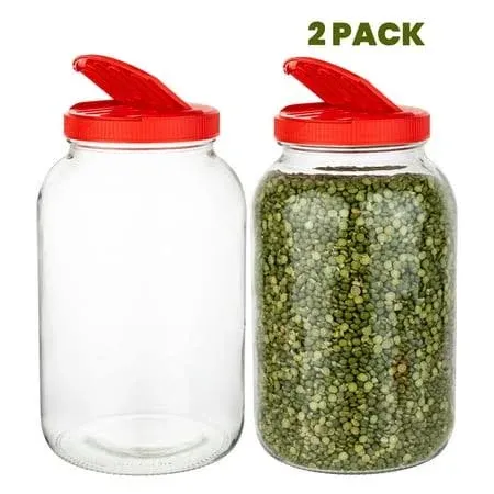 2 Pack - 1 Gallon Mason Jar - Glass Jar Wide Mouth with Plastic Lid with Red Slotted Pour Cap - Container for Storing Dry Foods, Spices, Pasta, Legumes and Pet Food