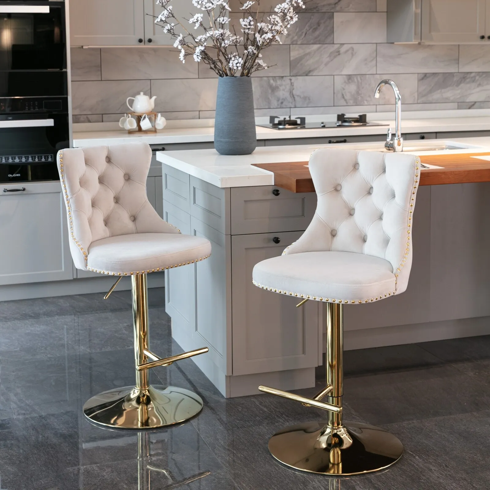 Golden Swivel Velvet Barstools Adjusatble Seat Height, Modern Upholstered Bar Stools with Backs Comfortable Tufted（Set of 2）