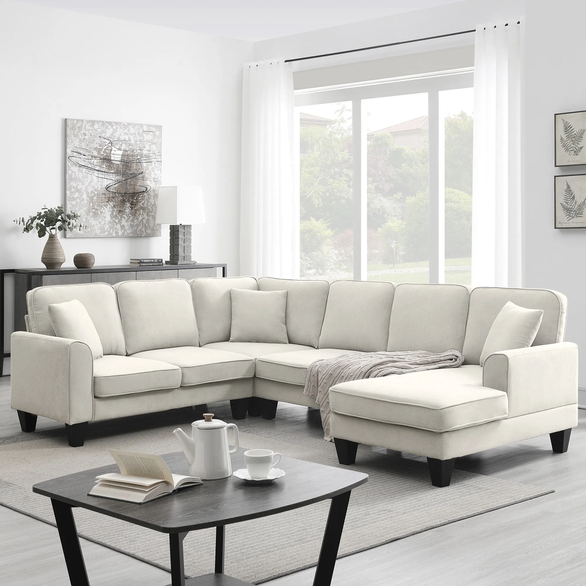 Merax, 7 Modern U Shape Seat Fabric Sectional Sofa Set, Beige