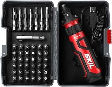 SKIL Rechargeable 4V Cordless Screwdriver with Circuit Sensor Technology, Includes 9pcs Bit, 1pc Bit Holder, USB Charging Cable - SD561201 , Red