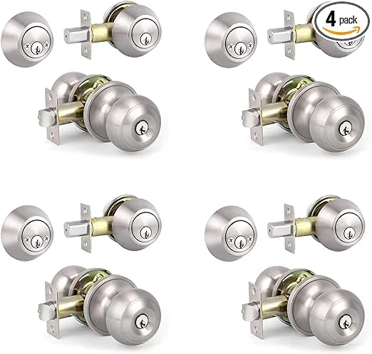 Knobonly 4 Sets Entry Door Knobs Keyed Alike with Deadbolts Keyed on Both Side, 