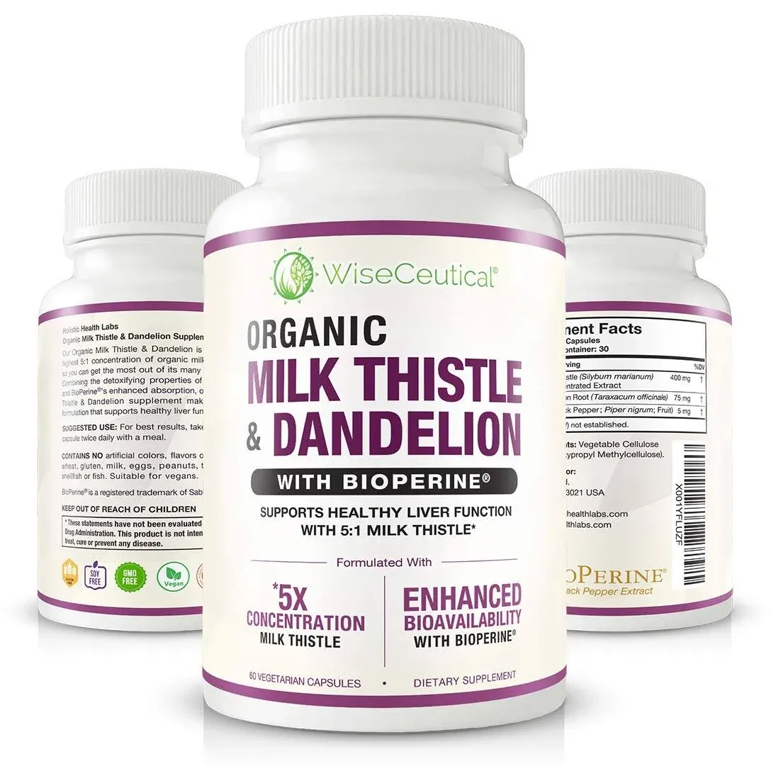 Max Absorption USDA Organic Milk Thistle Potent 5:1 Concentrated Extract (2000mg Strength) & Organic Dandelion Root | Silymarin Antioxidant Flavonoid | Liver Support Supplement (60 Count (Pack of 1))