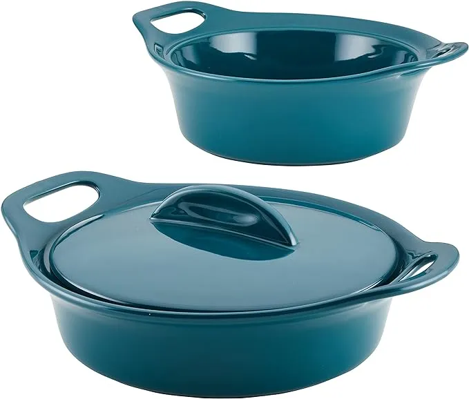 Rachael Ray Solid Glazed Ceramics Casserole Bakeware/Baker Set with Shared Lid, 3 Piece, Dark Gray