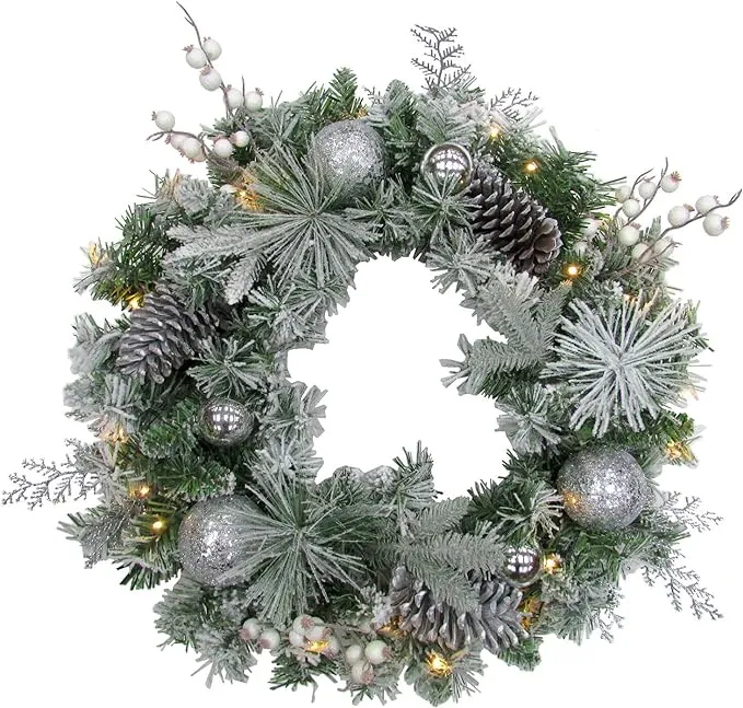 Fraser Hill Farm -  24-in. Christmas Prelit Frosted Wreath with Ornaments, Pinecones, and Berries