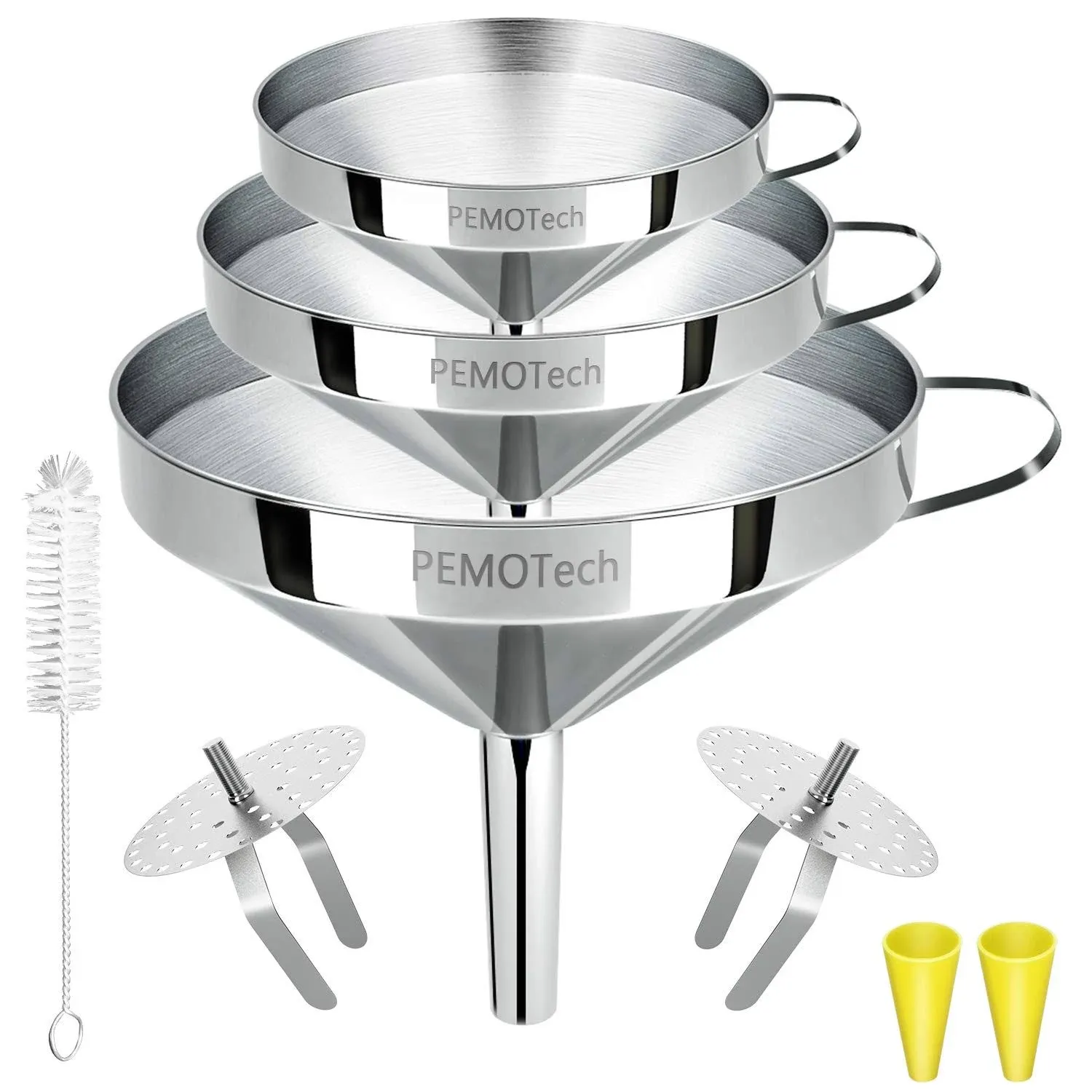 PEMOTech Funnels 6 in 1,Large Stainless Steel Funnel Set 3 Pack 4.1Inch,5.0 Inch,5.7 Inch, with 2 Pack Removable Strainer for Transferring Liquid, Fluid and Dry Ingredients,Bonus A Cleaning BrushPEMOTech Funnels 6 in 1,Large Stainless Steel Funn…