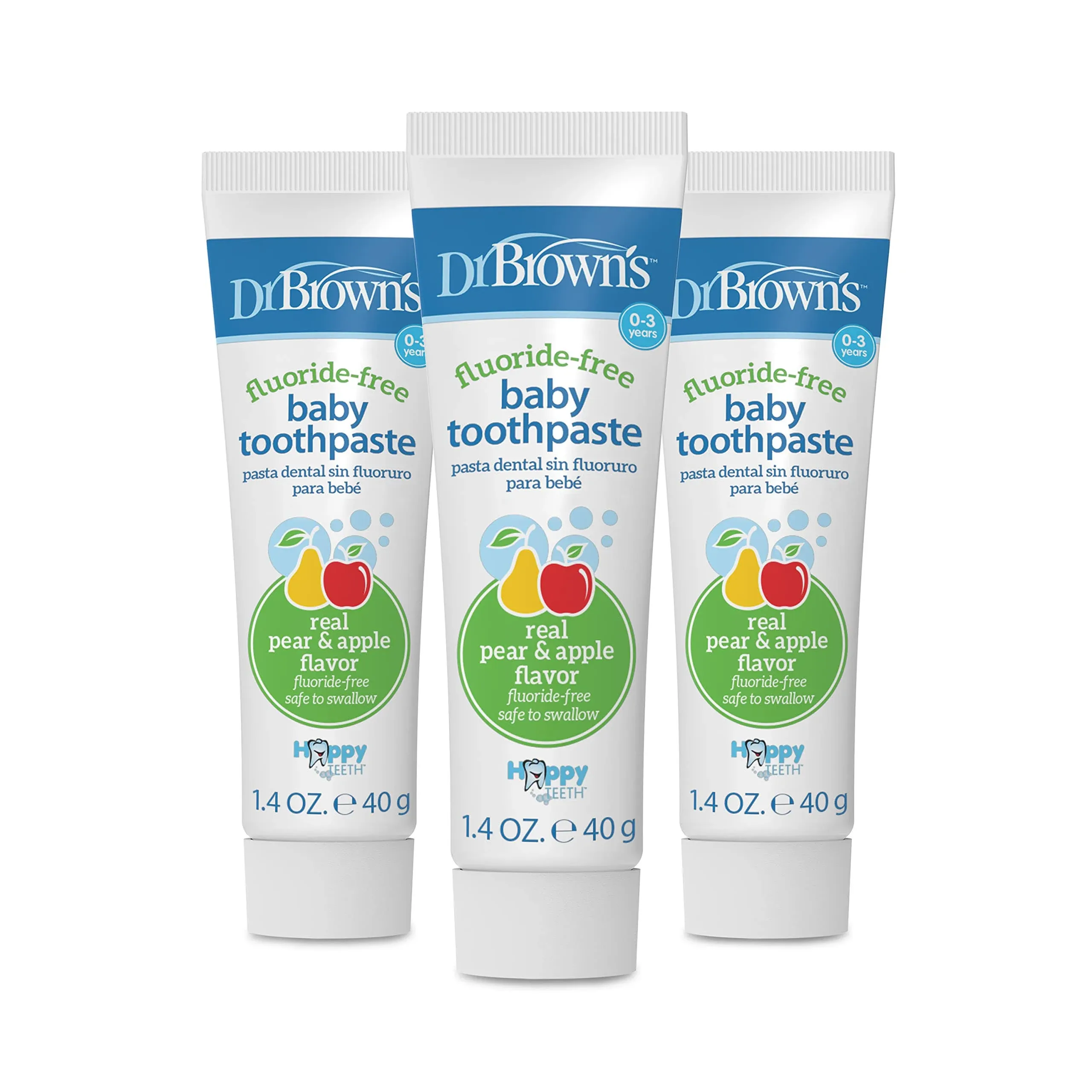 Dr. Brown's Fluoride-Free Baby Toothpaste, Infant & Toddler Oral Care, Apple Pear, 3-Pack, 1.4oz/40g, 0-3 Years