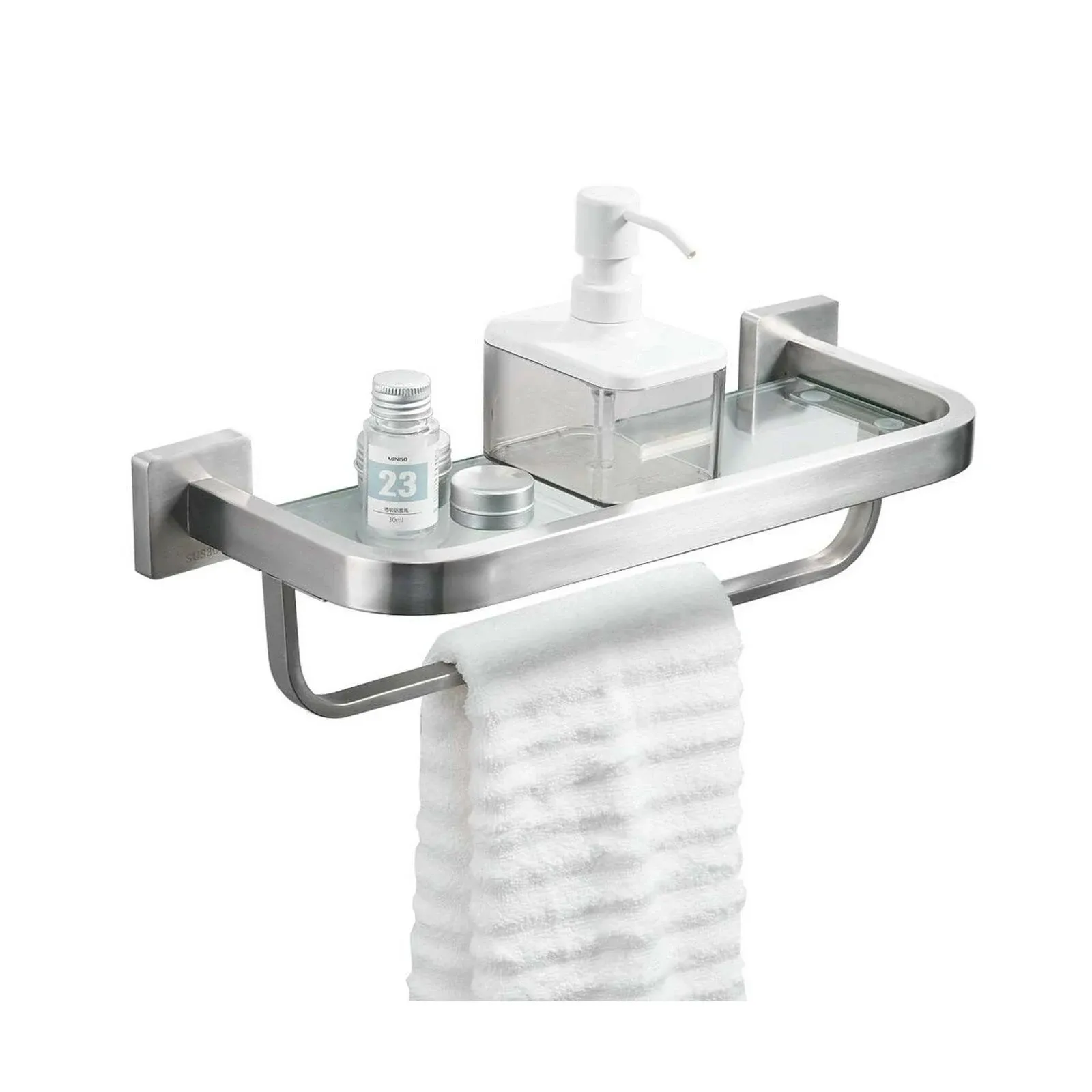 BESy Bathroom Lavatory Glass Shelf with Towel Bar and Rail, Wall Mount with ...