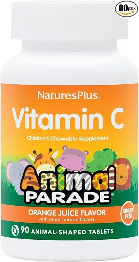 Natures Plus Animal Parade Sugar-Free Children's Vitamin C, Natural Orange Juice Flavor - 90 Chewable Animal Shaped Tablets - Immune Support - Gluten Free - 45 Servings