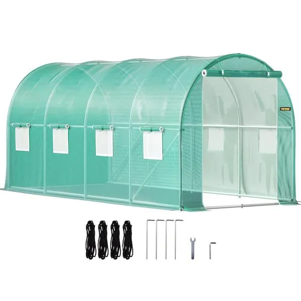 VEVOR Walk-in Tunnel Greenhouse, 15 x 7 x 7 ft Portable Plant Hot House w/ Zippered Door, 8 Roll-up Windows, Galvanized Steel Hoops, 1 Top Beam, and 2 Diagonal Poles, Green