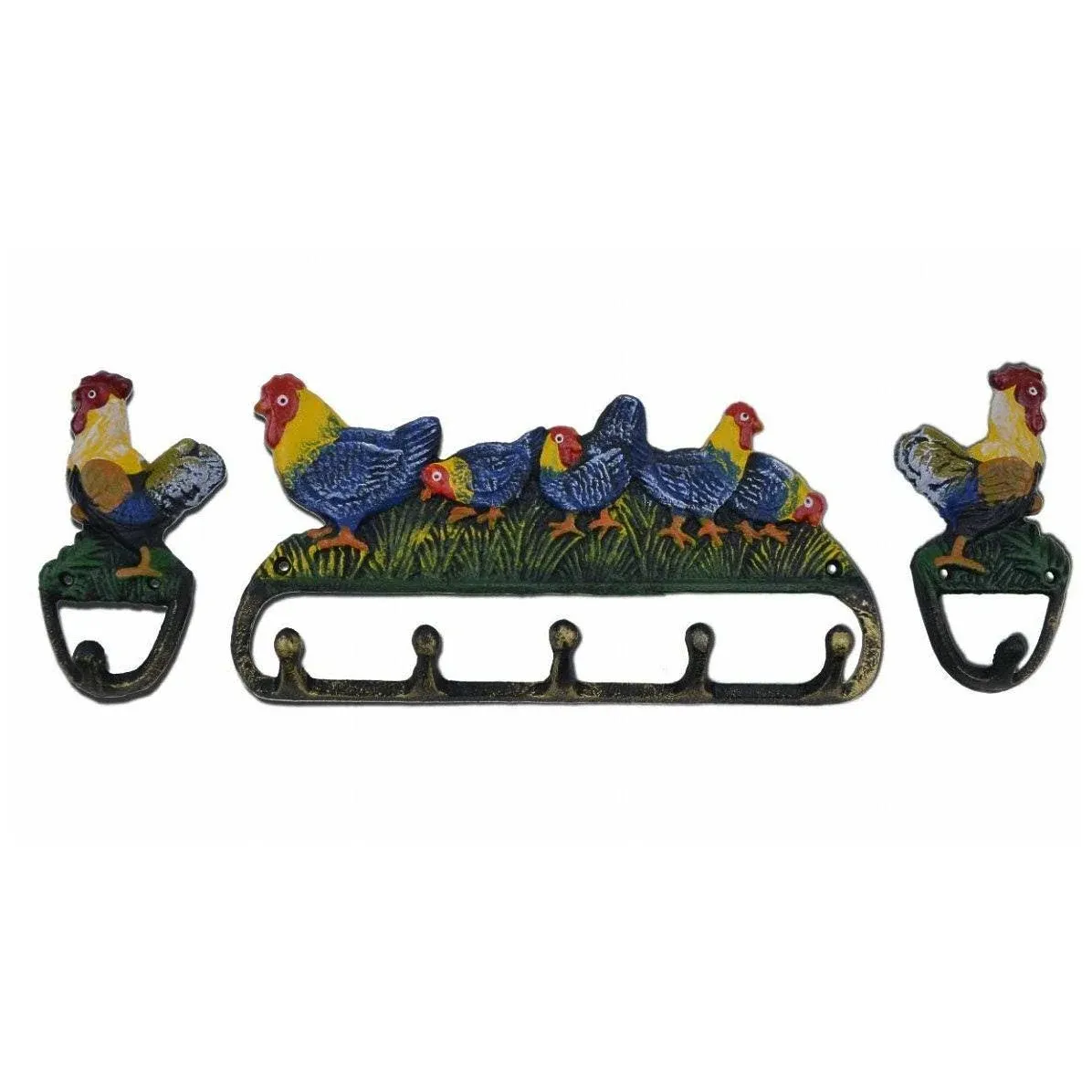 Rooster and Chickens Wall Hook 3 Piece Set, Colorful Painted Cast Iron - Farmhouse - Wall Hooks - by TGL Direct | Houzz