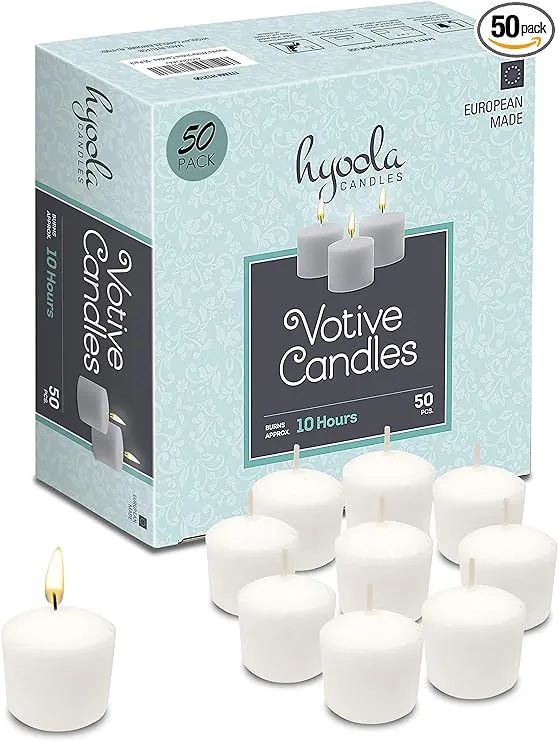 Hyoola European Votive Candles Unscented - 10-Hour Burn Time - White - 50 Pack, European Made